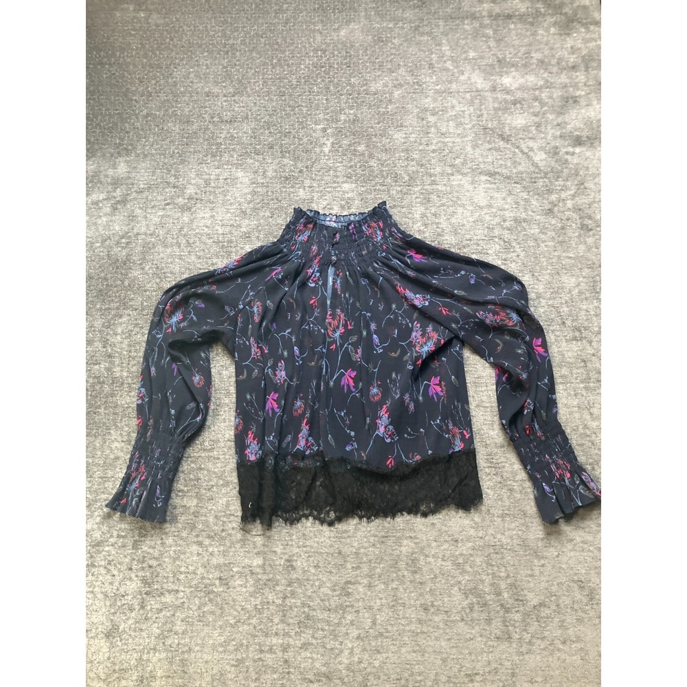 Tanya Taylor Blouse Top Womens 8 Black‎ Floral Nyssa Lace Hem Smocked Mock Neck